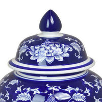 Sen 18 Inch Ceramic Temple Jar with Lid, Blue and White Flower Design - BM312580