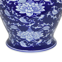 Sen 18 Inch Ceramic Temple Jar with Lid, Blue and White Flower Design - BM312580