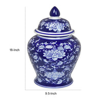 Sen 18 Inch Ceramic Temple Jar with Lid, Blue and White Flower Design - BM312580