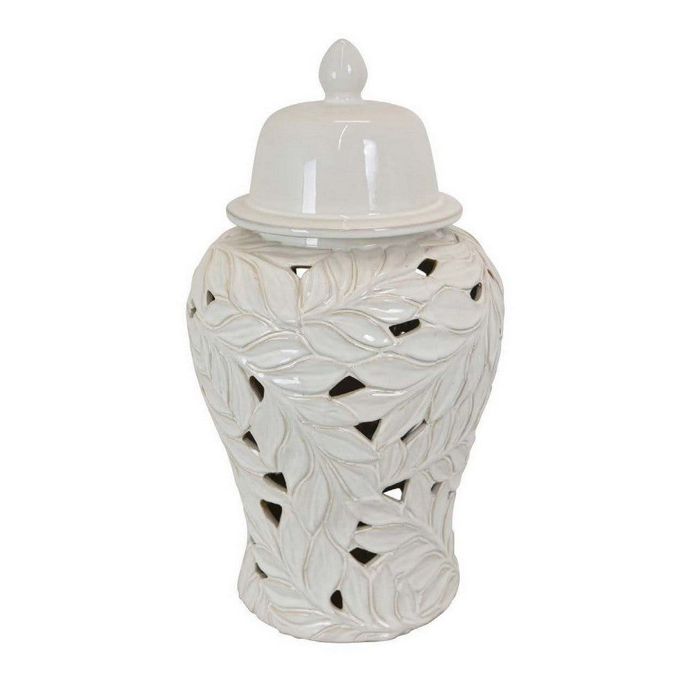 Heni 19 Inch Ceramic Temple Jar with Lid, Cut Out Leaf Motifs, White Finish - BM312582