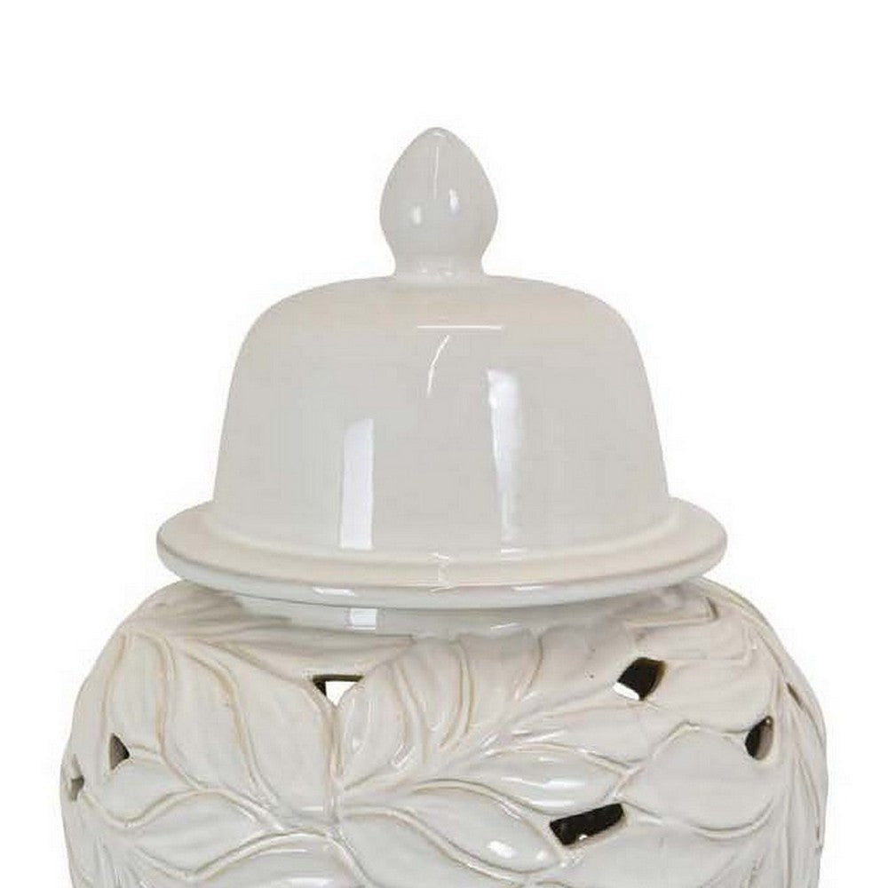 Heni 19 Inch Ceramic Temple Jar with Lid, Cut Out Leaf Motifs, White Finish - BM312582