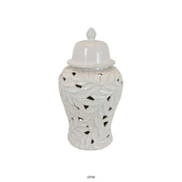 Heni 19 Inch Ceramic Temple Jar with Lid, Cut Out Leaf Motifs, White Finish - BM312582