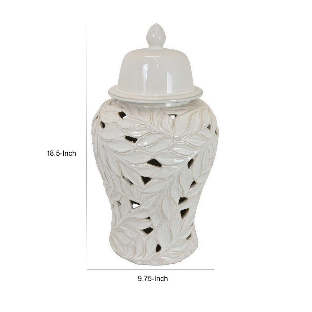 Heni 19 Inch Ceramic Temple Jar with Lid, Cut Out Leaf Motifs, White Finish - BM312582