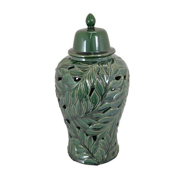 Heni 19 Inch Ceramic Temple Jar with Lid, Cut Out Leaf Motifs, Green Finish - BM312583