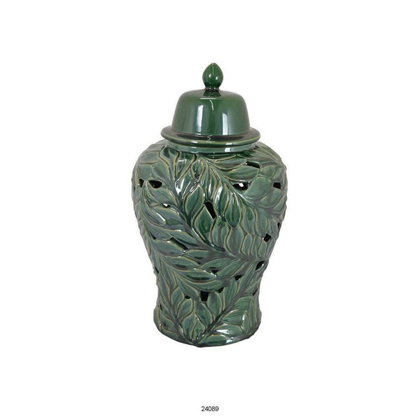 Heni 19 Inch Ceramic Temple Jar with Lid, Cut Out Leaf Motifs, Green Finish - BM312583