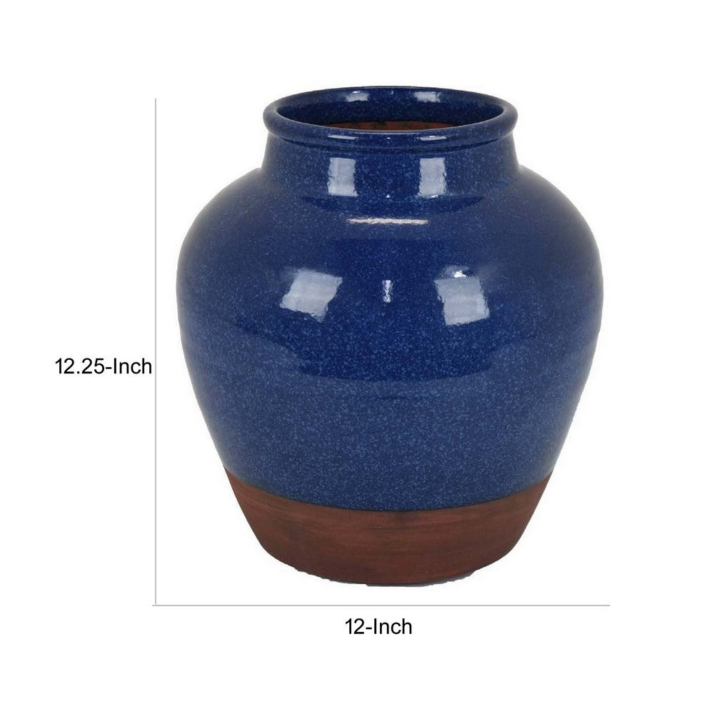 Venny 12 Inch Ceramic Flower Vase, Two Tone Antique Blue and Brown Finish - BM312586
