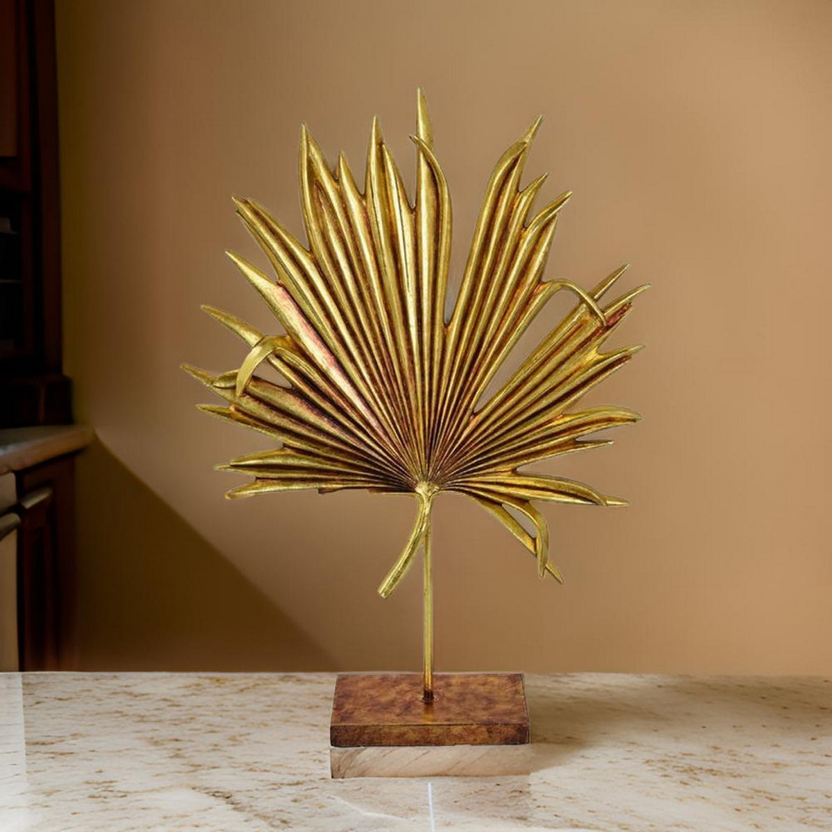 Menny 21 Inch Palm Leaf Resin Decorative Sculpture, Resin Copper Finish - BM312589