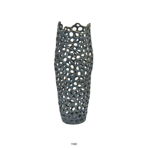 20 Inch Ceramic Decorative Vase, Long Coral Design, Deep Blue Finish - BM312594
