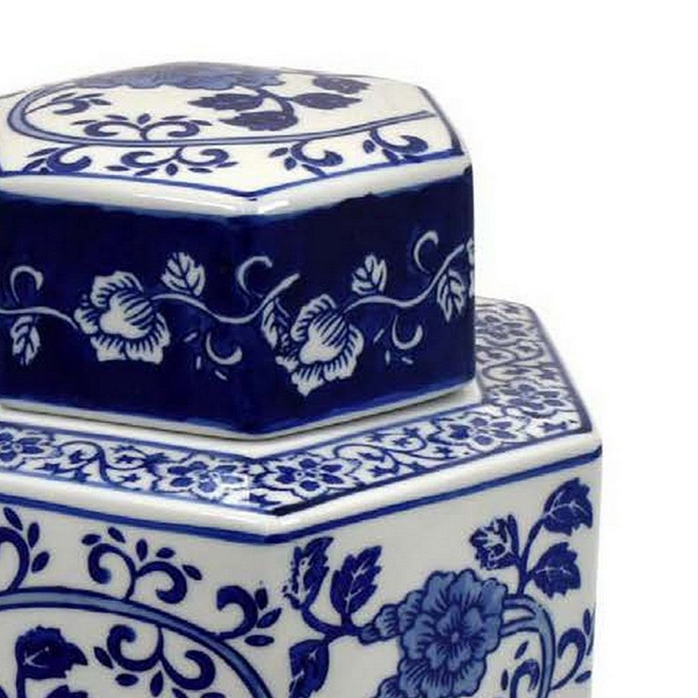 13 Inch Ceramic Ginger Jar with Lid, Intricate Floral Blue and White - BM312603