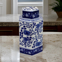 13 Inch Ceramic Ginger Jar with Lid, Intricate Floral Blue and White - BM312603
