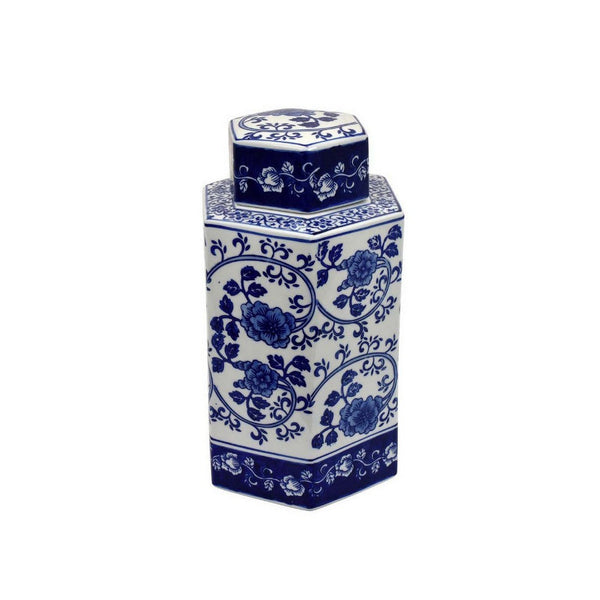 13 Inch Ceramic Ginger Jar with Lid, Intricate Floral Blue and White - BM312603
