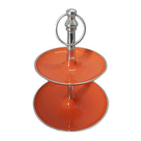 Lio 12 Inch 2 Tier Serving Tray, Orange Round Plate, Silver Aluminum Finish - BM312610