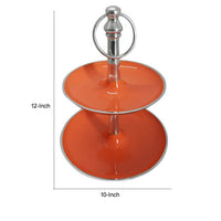 Lio 12 Inch 2 Tier Serving Tray, Orange Round Plate, Silver Aluminum Finish - BM312610