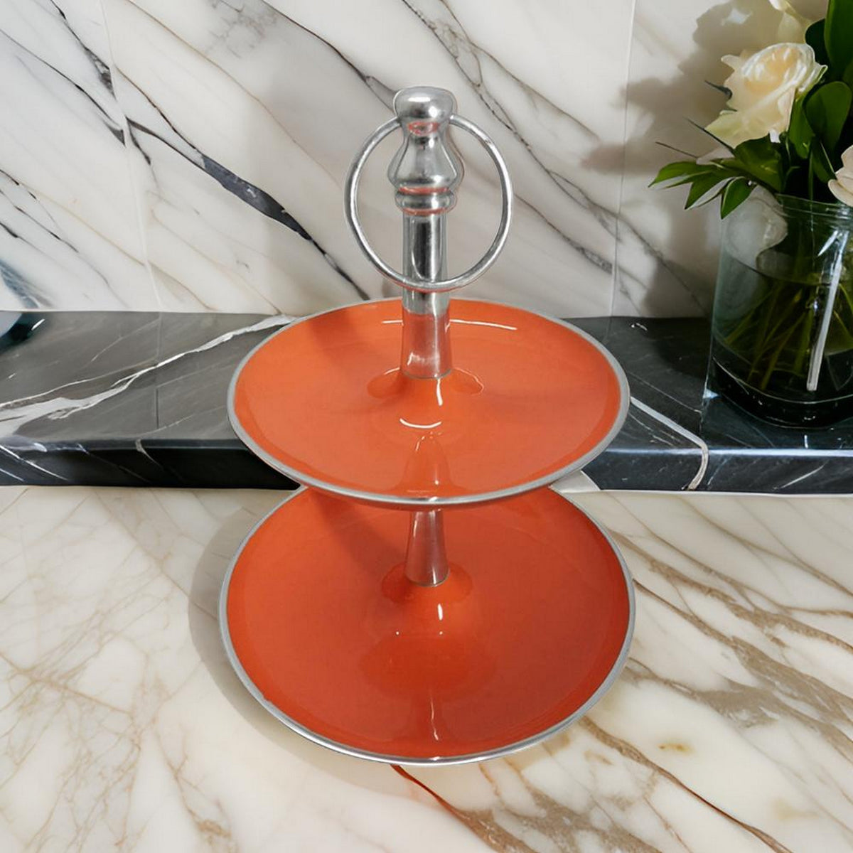 Lio 12 Inch 2 Tier Serving Tray, Orange Round Plate, Silver Aluminum Finish - BM312610