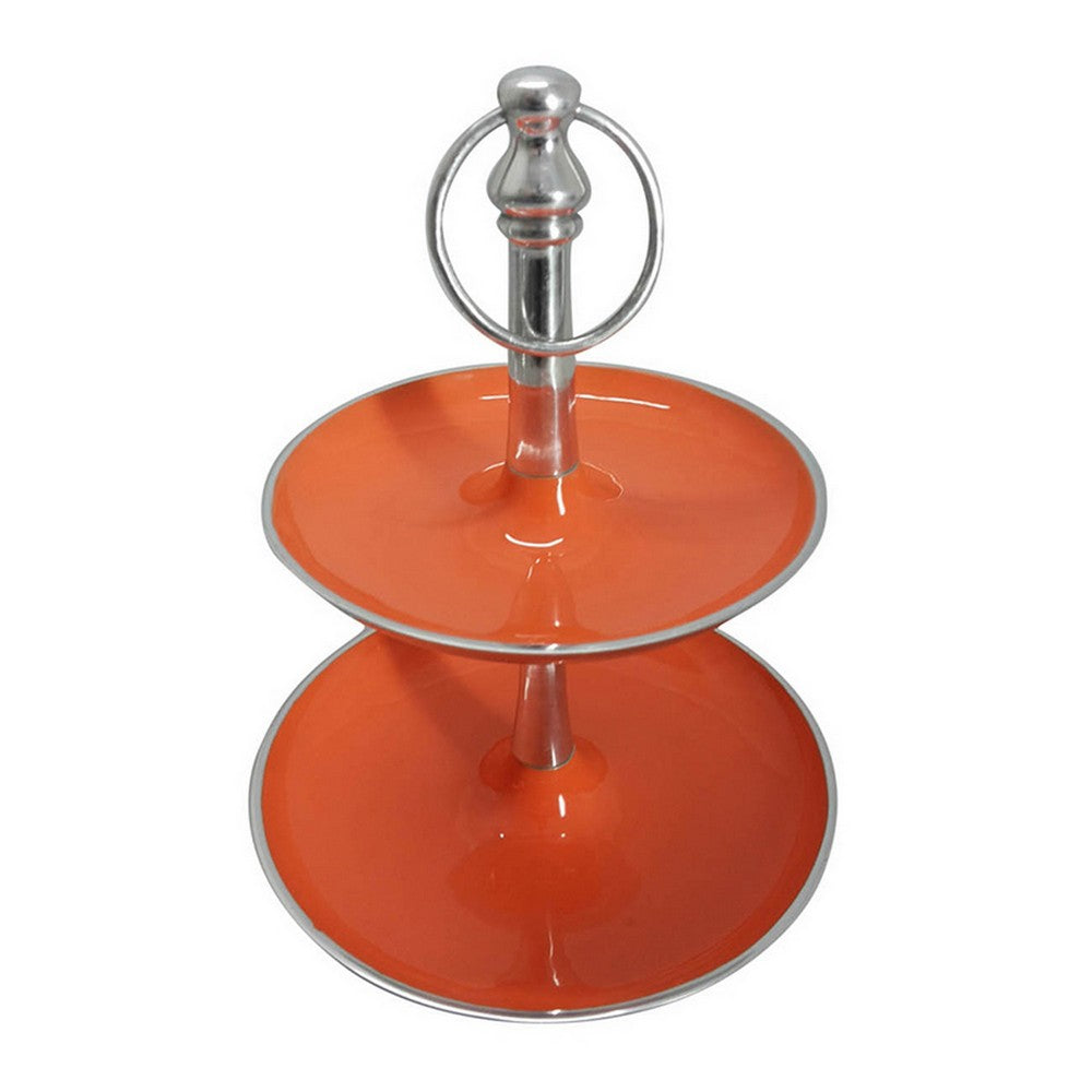 Lio 12 Inch 2 Tier Serving Tray, Orange Round Plate, Silver Aluminum Finish - BM312610