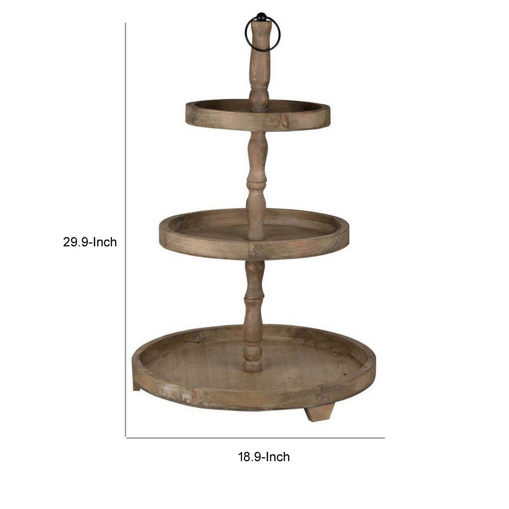 Zia 30 Inch 3 Tier Serving Tray, Flat Round Plates, Brown Fir Wood Finish - BM312611