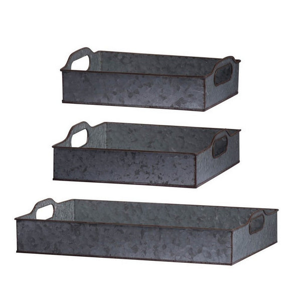 12, 12, 20 Inch Set of 3 Nesting Trays, Rectangular, Galvanized Gray Iron - BM312613