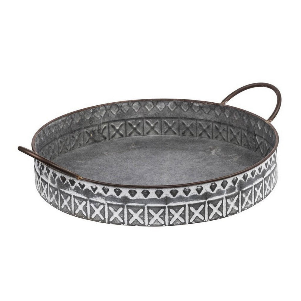 18, 20 Inch Set of 2 Round Serving Trays with Handles, Galvanized Gray Iron - BM312614