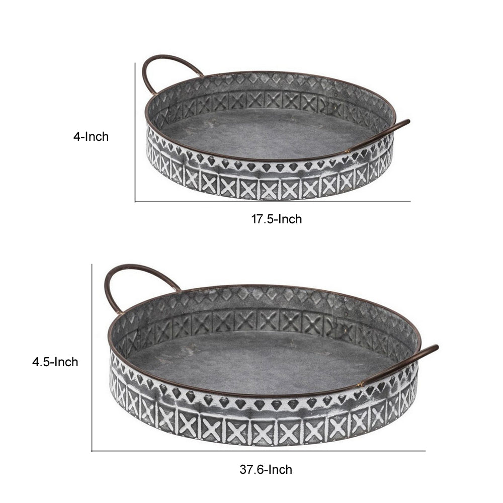 18, 20 Inch Set of 2 Round Serving Trays with Handles, Galvanized Gray Iron - BM312614