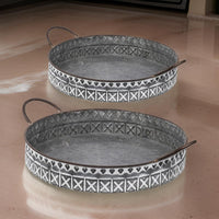 18, 20 Inch Set of 2 Round Serving Trays with Handles, Galvanized Gray Iron - BM312614