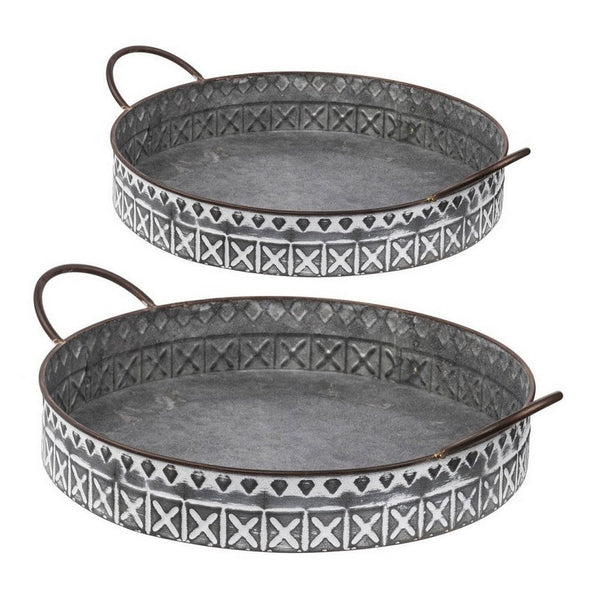 18, 20 Inch Set of 2 Round Serving Trays with Handles, Galvanized Gray Iron - BM312614