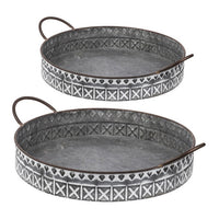 18, 20 Inch Set of 2 Round Serving Trays with Handles, Galvanized Gray Iron - BM312614