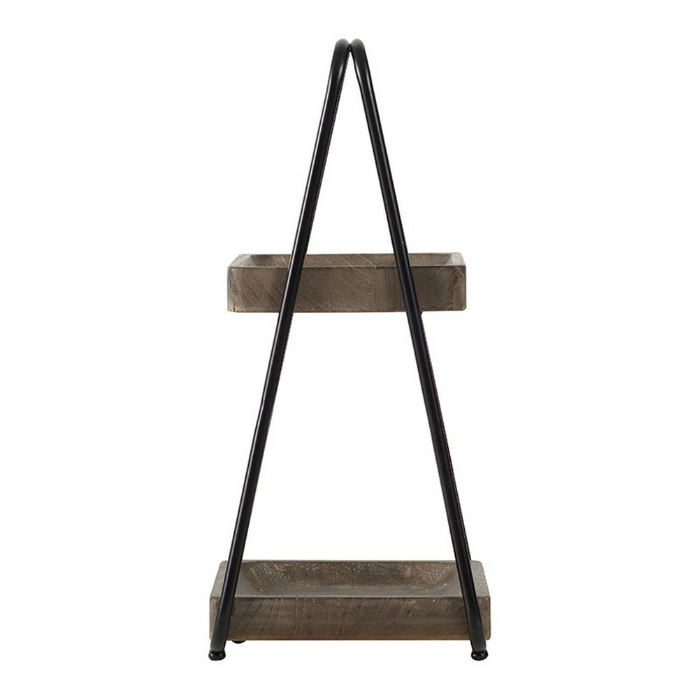 Nick 19 Inch 2 Tier Decorative Tray Stand, Black Iron Frame, Gray Wood - BM312617