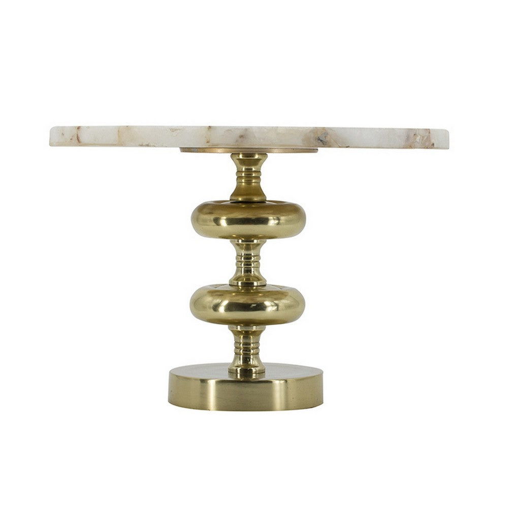 Avi 14 Inch Cake Stand, Agate Round Top, Classic Gold Aluminum Pedestal - BM312618