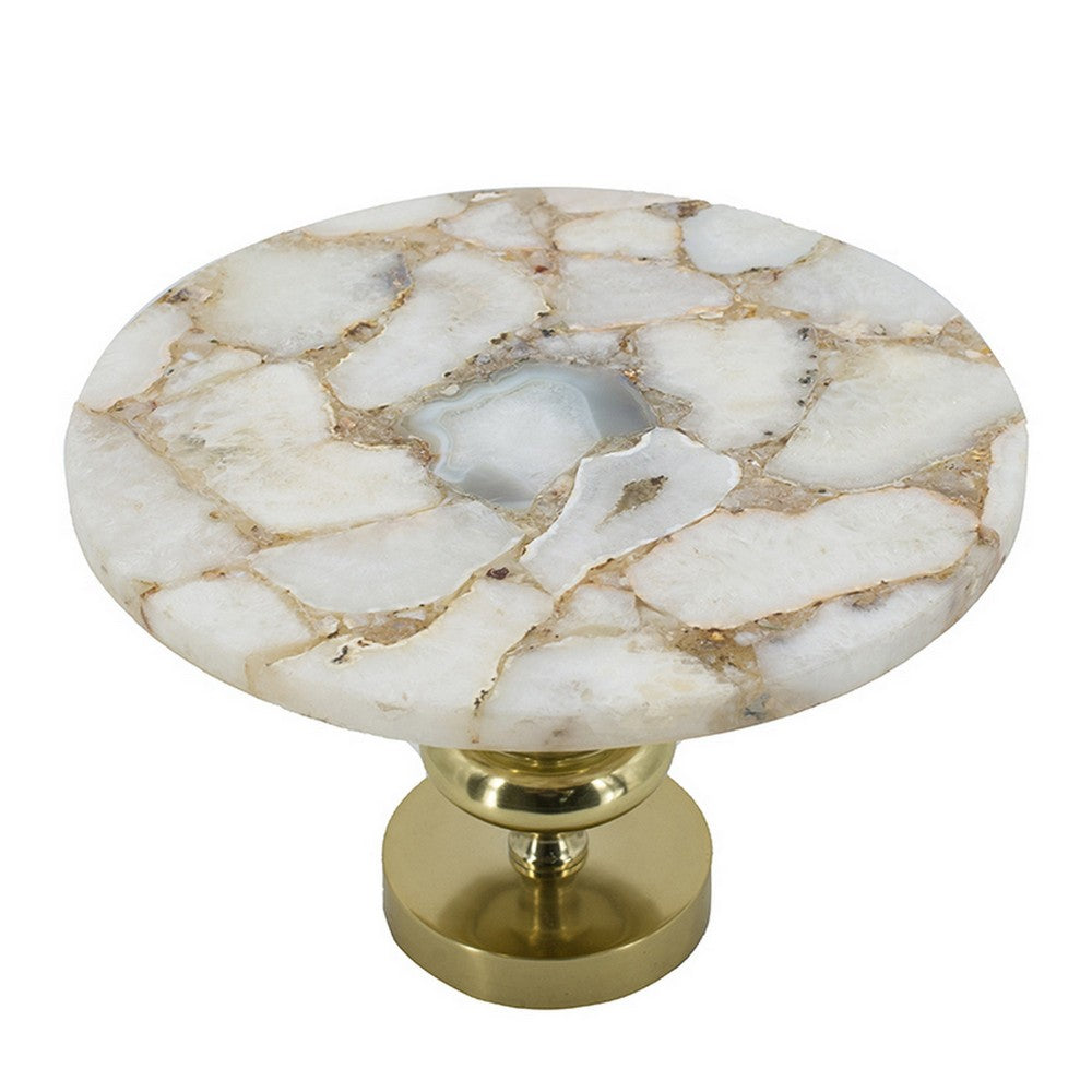 Avi 14 Inch Cake Stand, Agate Round Top, Classic Gold Aluminum Pedestal - BM312618