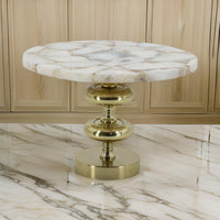 Avi 14 Inch Cake Stand, Agate Round Top, Classic Gold Aluminum Pedestal - BM312618