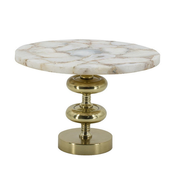 Avi 14 Inch Cake Stand, Agate Round Top, Classic Gold Aluminum Pedestal - BM312618