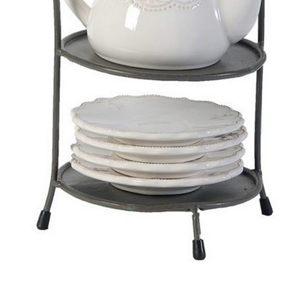 Zoya 10 Piece Tea Kettle and Cups Set with Metal Stand, White Porcelain - BM312619