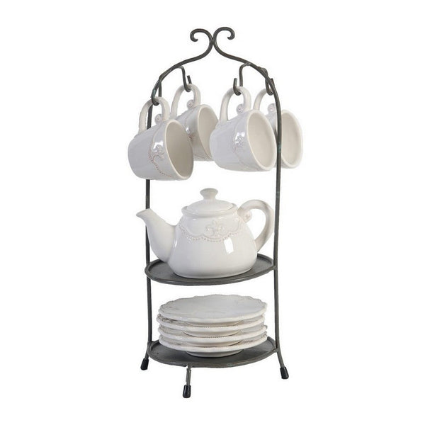 Zoya 10 Piece Tea Kettle and Cups Set with Metal Stand, White Porcelain - BM312619