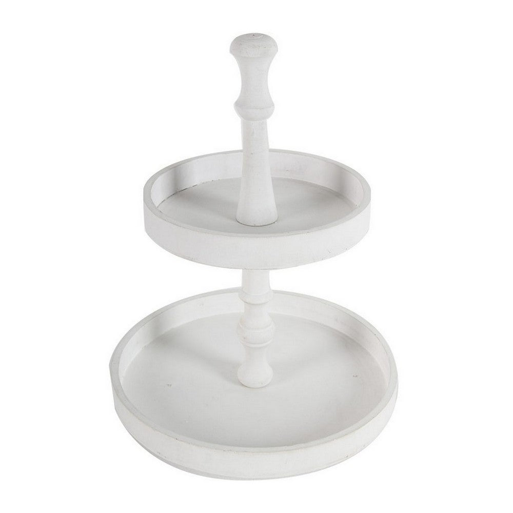benzara Semy 15 Inch 2 Tier Round Decorative Serving Tray White Wood Finish - BM312620
