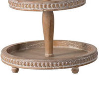 Mike 17 Inch 2 Tier Round Serving Tray, Handle, Beaded Trim, Brown Wood - BM312622