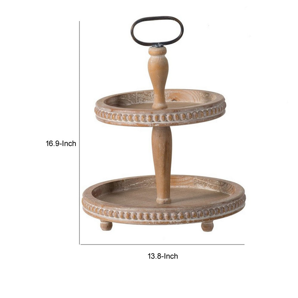Mike 17 Inch 2 Tier Round Serving Tray, Handle, Beaded Trim, Brown Wood - BM312622
