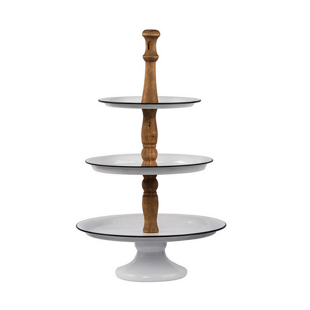 Mlyn 24 Inch 3 Tier Serving Tray, Round Metal Base, White Brown, and Black - BM312623