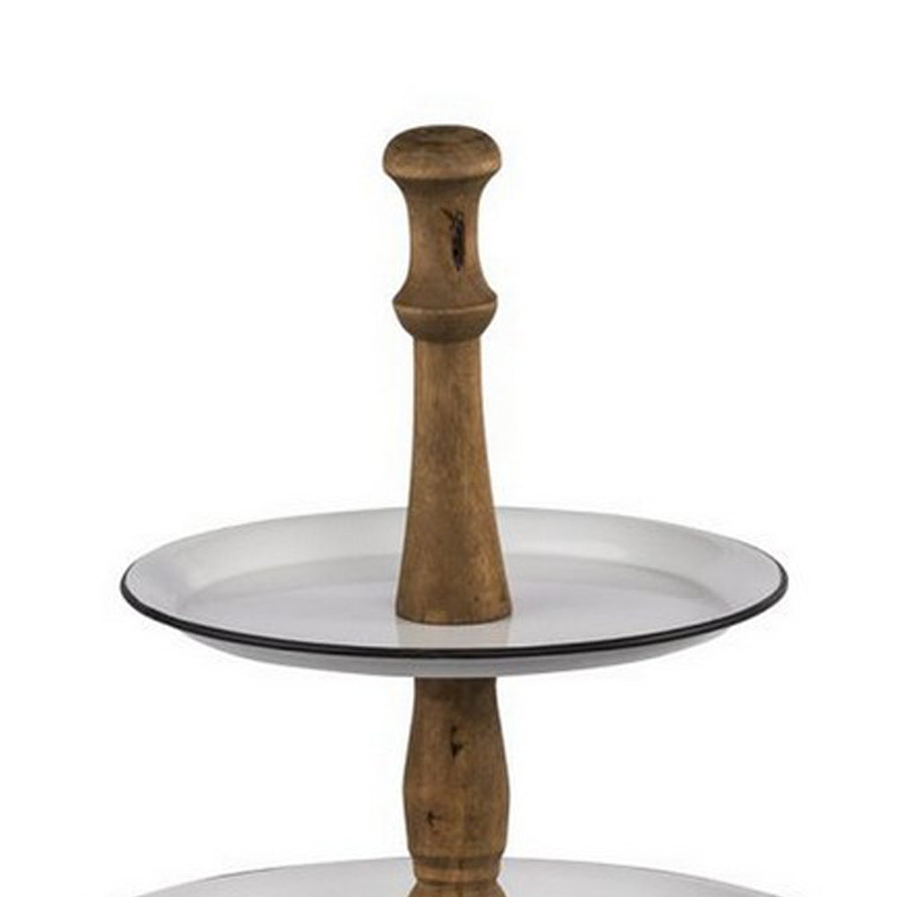 Mlyn 24 Inch 3 Tier Serving Tray, Round Metal Base, White Brown, and Black - BM312623