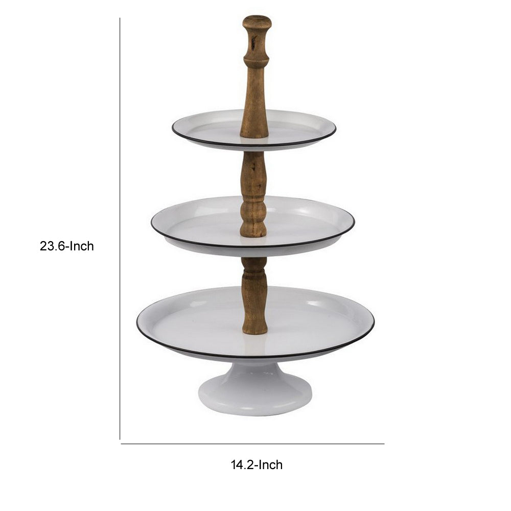 Mlyn 24 Inch 3 Tier Serving Tray, Round Metal Base, White Brown, and Black - BM312623