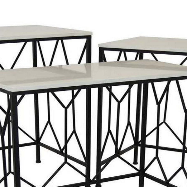 Set of 3 Accent Nesting Tables, White Marble Top, Sleek Black Metal Frames - BM312628