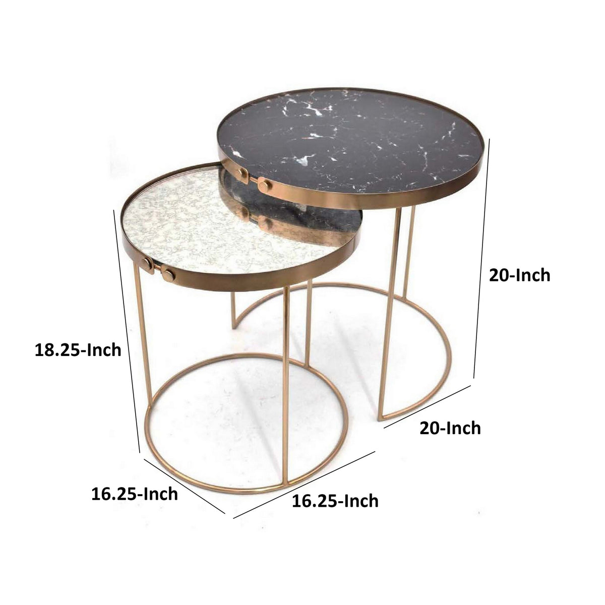 Rica Set of 2 Nesting Side End Tables, Silver Top, Black and Gold Metal - BM312630