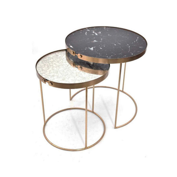 Rica Set of 2 Nesting Side End Tables, Silver Top, Black and Gold Metal - BM312630