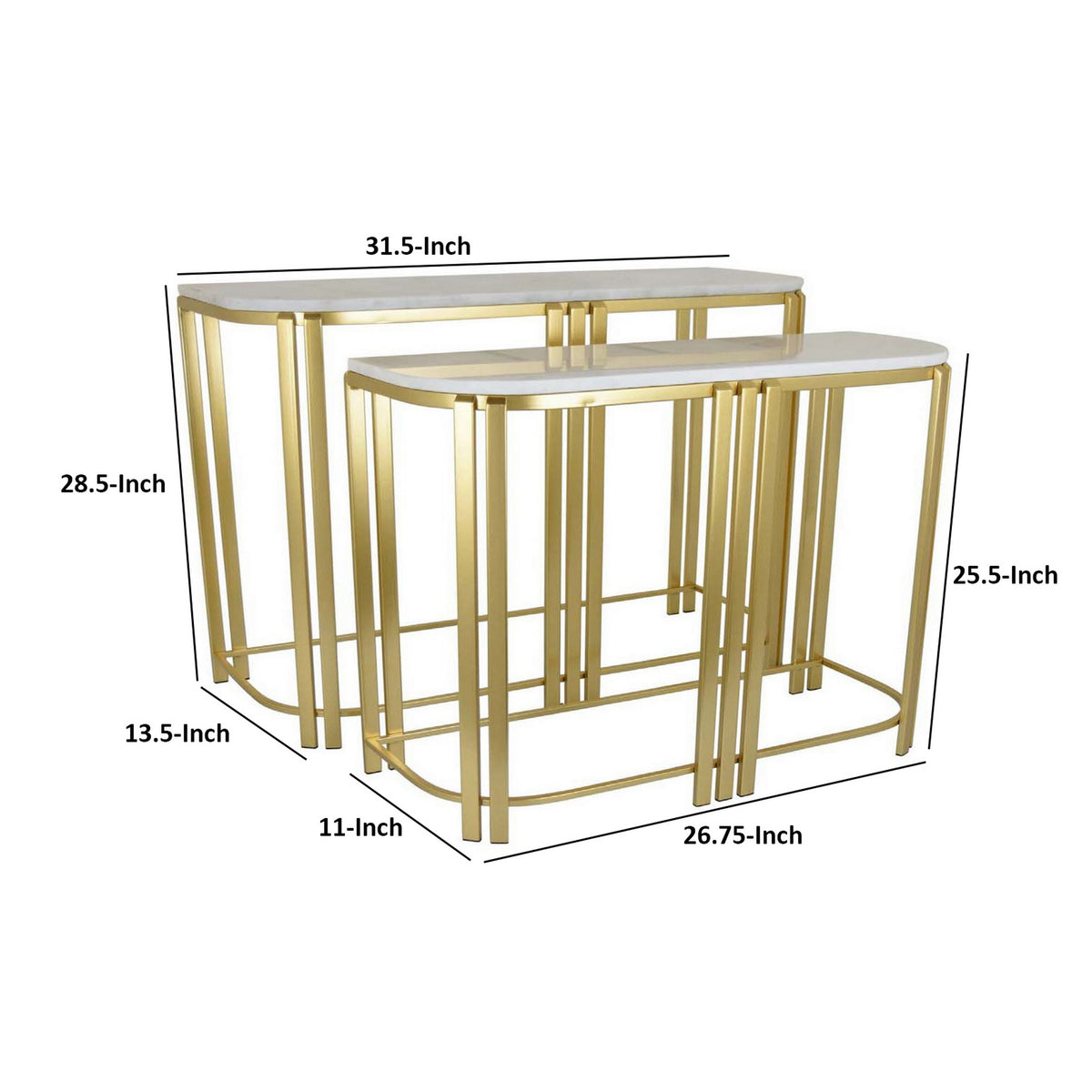 Set of 2 Accent Nesting Tables, Marble Top, Sleek Modern Gold Metal Frame - BM312631