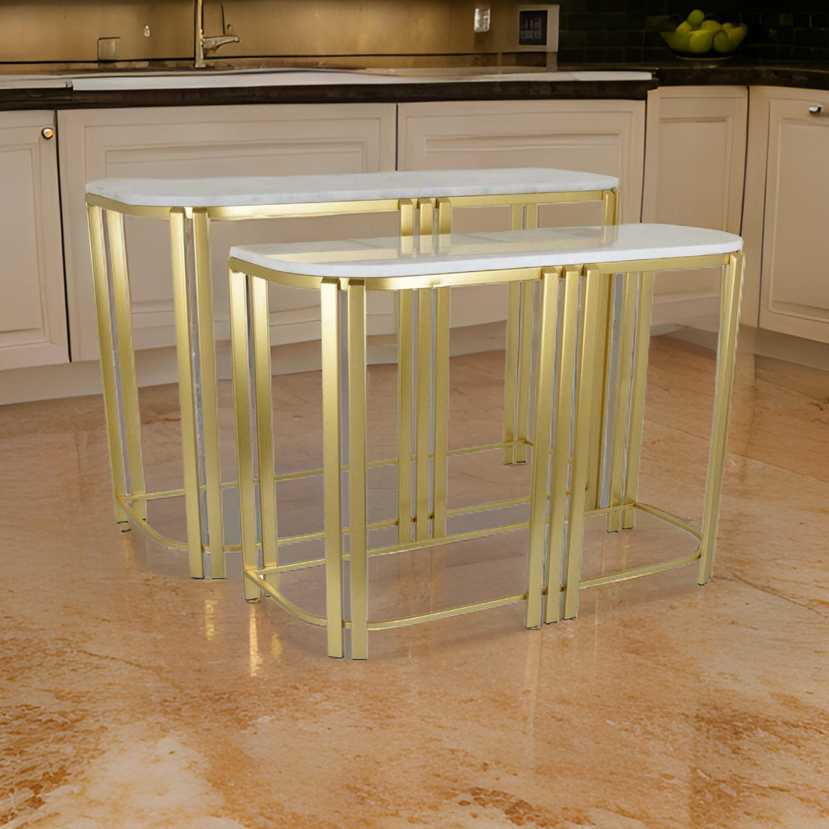 Set of 2 Accent Nesting Tables, Marble Top, Sleek Modern Gold Metal Frame - BM312631