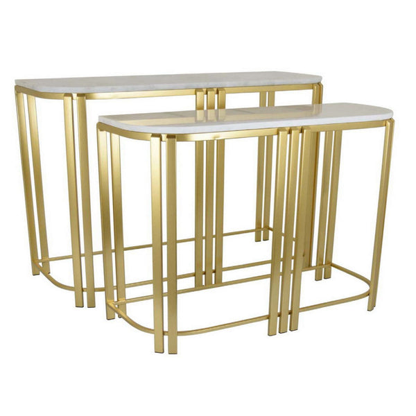Set of 2 Accent Nesting Tables, Marble Top, Sleek Modern Gold Metal Frame - BM312631