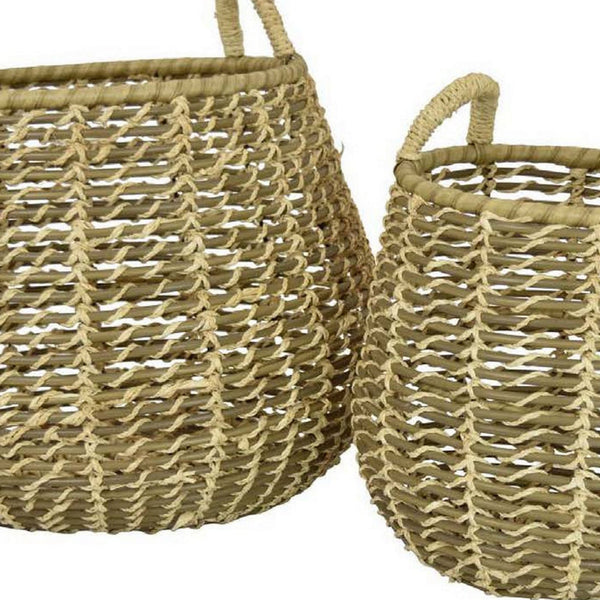 Set of 2 Decorative Storage Baskets, Woven Construction, 2 Handles, Brown - BM312641