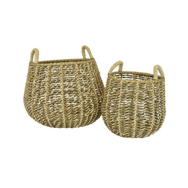 Set of 2 Decorative Storage Baskets, Woven Construction, 2 Handles, Brown - BM312641