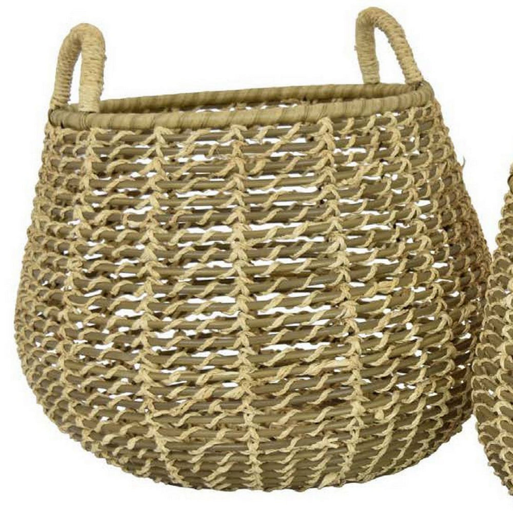 Set of 2 Decorative Storage Baskets, Woven Construction, 2 Handles, Brown - BM312641