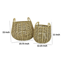 Set of 2 Decorative Storage Baskets, Woven Construction, 2 Handles, Brown - BM312641