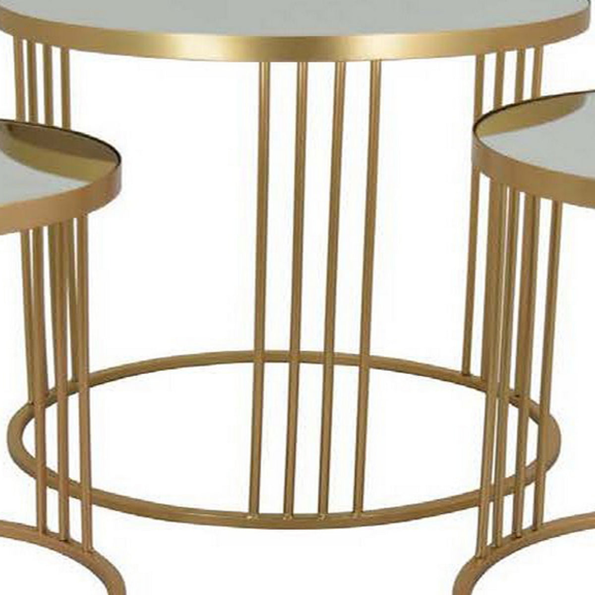 Set of 3 Accent Nesting Tables, Round Mirrored Top, Modern Gold Metal - BM312644